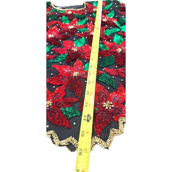 Vintage Laurence Kazar Sequin & Beaded Christmas Poinsettia Top Blouse Sz L - Picture 11 of 11